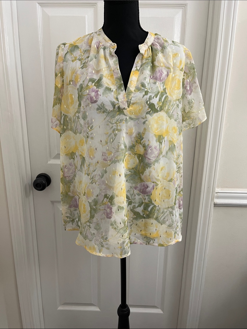 Lightweight Floral Split-Neck Blouse in Yellow & Lavender